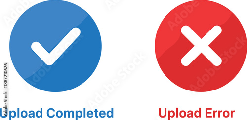 Upload completed and upload error status icons with checkmark and cross symbols for user interface notifications, file transfer feedback, and application system messages