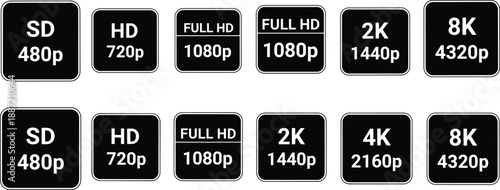 Video resolution icons set showing SD, HD, Full HD, 2K, 4K and 8K formats for screen quality comparison, streaming standards, and digital media display interfaces