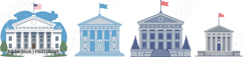 Collection of classic government and courthouse building illustrations with flags in flat vector style, architectural landmarks set for civic design, education graphics, presentations, websites