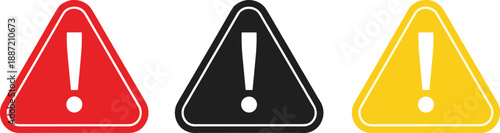 Warning alert triangle icons set in red, black, and yellow with exclamation marks for caution signs, hazard notifications, safety symbols, and user interface alerts