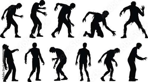 Collection of scary zombie human silhouettes in different walking and attacking poses, isolated black vector set for Halloween design, horror posters, games, animations, and creative projects