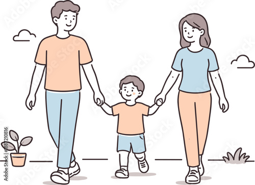 Family Walk Together. Two parents walk together holding hands with their child, moving calmly along a simple everyday path,