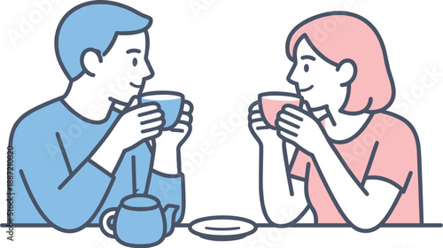 Coffee Time Together. A man and woman sit together drinking coffee, facing each other in a calm shared moment, minimalist flat