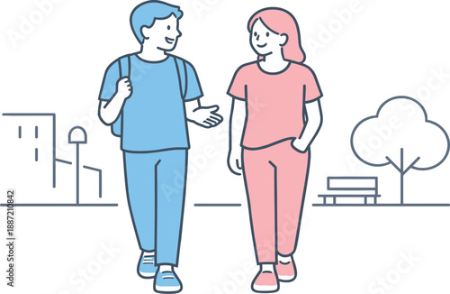 Casual City Stroll. Two friends walk side by side along a calm city street, talking casually while heading forward, minimalist