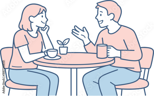 Friends at Cafe. Two friends enjoy conversation at a cafe table, seated comfortably and unhurried, minimalist flat line vector