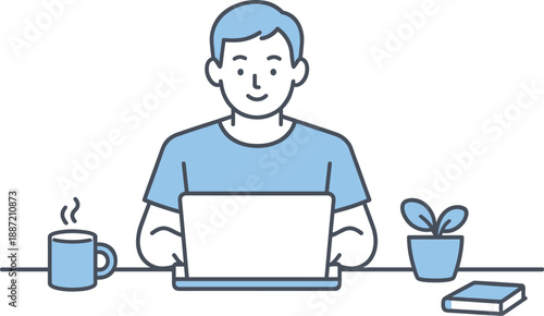 Minimalist Work Routine. A man sits at home working on a laptop, focused and calm during a daily routine, minimalist flat line