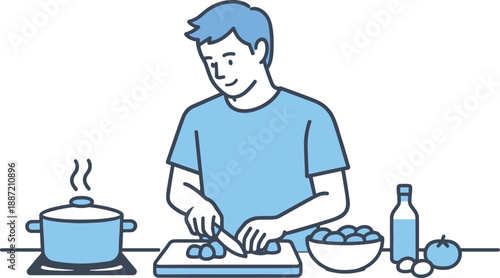Simple Home Cooking. A man cooks a simple dinner at home, calmly preparing food at the kitchen counter, minimalist flat line