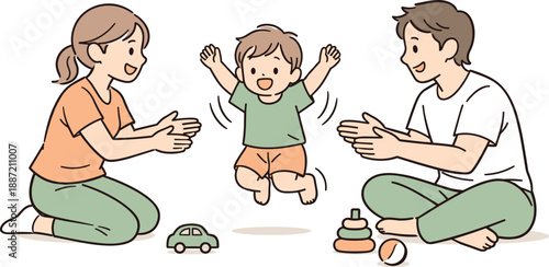 Happy Family Playtime. A mother and father playing happily with their young child at home, clean flat line illustration showing