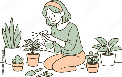 Indoor Plant Care. A relaxed woman taking care of indoor plants at home, clean flat line illustration showing gentle movement and