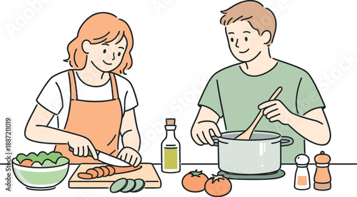 Cooking Together Harmony. Two partners preparing a meal together in a home kitchen, clean flat line illustration showing relaxed