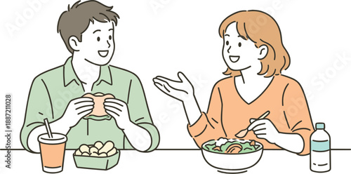Lunch Break Chat. Two friends enjoying lunch during a work break, clean flat line illustration showing casual conversation and