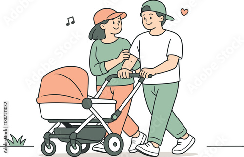 Family Stroll. A mother and father taking a walk while pushing a baby stroller, clean flat line illustration showing relaxed