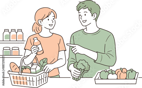 Grocery Shopping Harmony. A couple choosing groceries side by side during a routine shopping trip, clean flat line illustration
