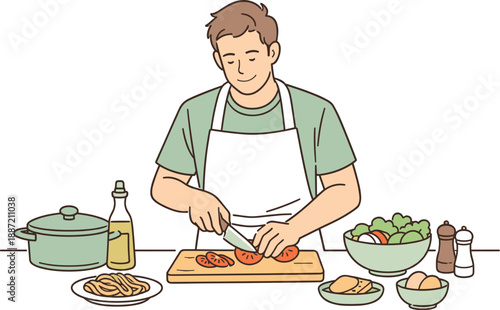 Homemade Cooking Bliss. An adult man preparing an easy homemade meal in the kitchen, clean flat line illustration showing relaxed