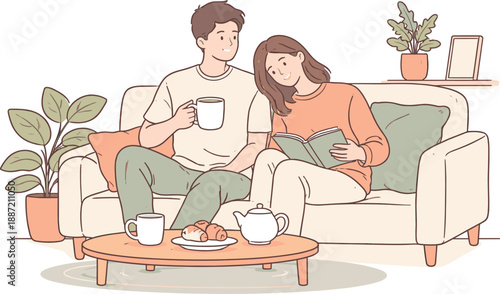 Relaxed Weekend Morning. Two partners enjoying a slow weekend morning in a relaxed home setting, clean flat line illustration