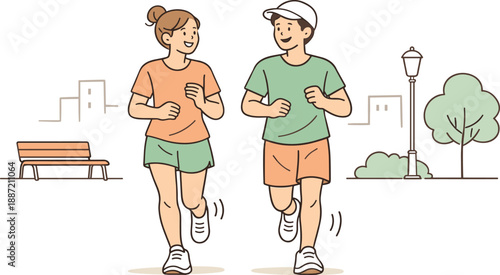 Urban Park Jog. Two friends enjoying a relaxed jog in an urban park, clean flat line illustration showing light movement and