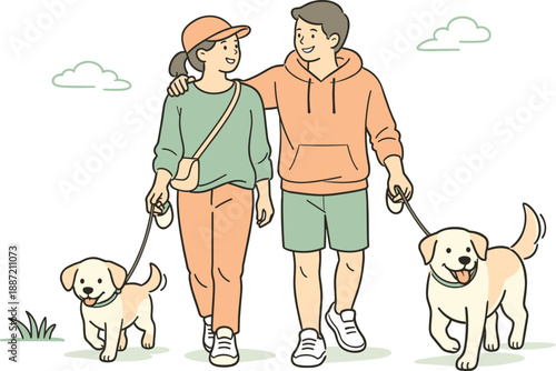 Peaceful Dog Walk. Two partners enjoying a relaxed dog walk together outdoors, clean flat line illustration showing gentle