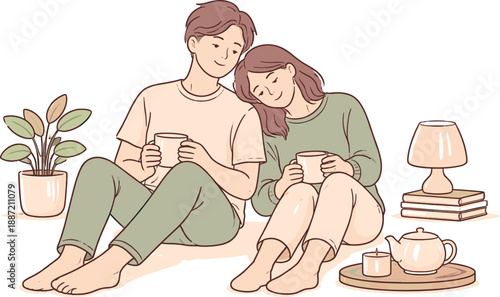 Serene Evening Together. Two partners spending a peaceful evening together in a calm setting, clean flat line illustration showing