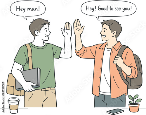 Friendly Afterwork Greeting. Two friends greeting each other after a workday, clean flat line illustration showing casual smiles