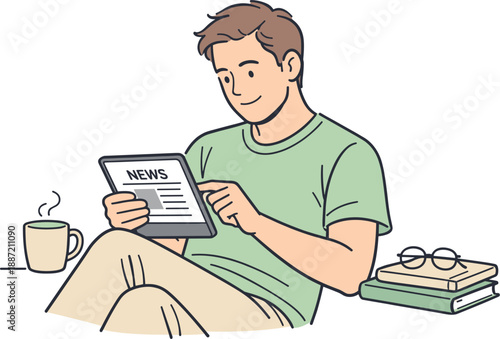 Digital News Break. An adult man catching up on news using a tablet during a quiet break, clean flat line illustration showing