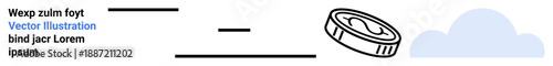 Digital payments, fintech, currency trends, cloud computing, online transactions, abstract design. Coin floating next to a cloud, with minimal lines and text. Digital payments and fintech concept