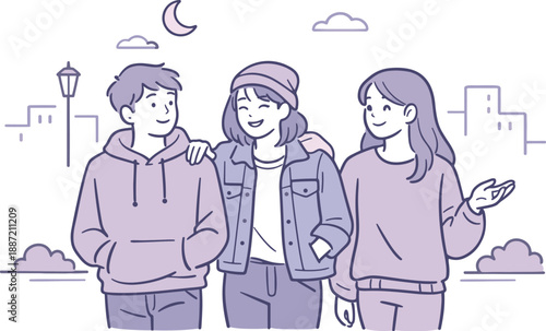 Serene Evening Stroll. Close friends enjoying an evening walk in the city, moving calmly along with casual gestures and peaceful