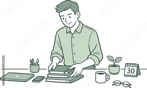 Calm Desk Organization. Man tidying up his desk after work, gently stacking notebooks and placing items neatly, clean flat line