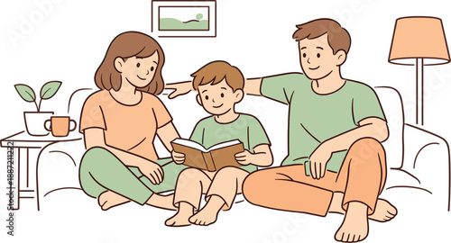 Cozy Family Time. Family enjoying a quiet moment in the living room, two adults and one child spending time together with relaxed