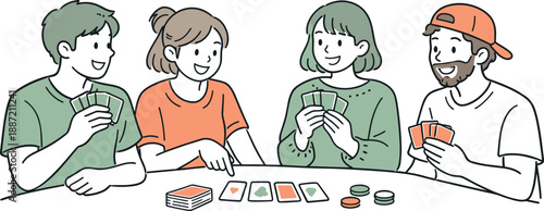 Friendly Card Game. Close friends enjoying a casual card game together, seated comfortably at a table with a few cards laid out