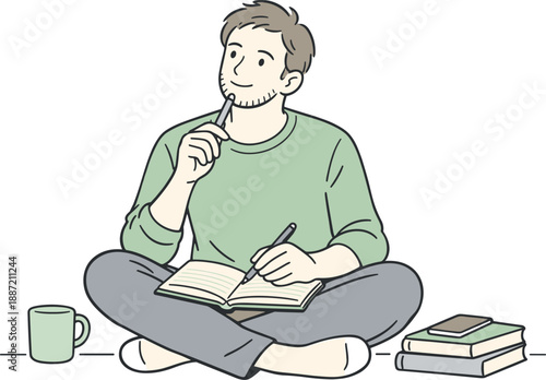 Reflective Writing Moment. Man thoughtfully jotting down ideas in a notebook, relaxed seated pose and gentle focus suggesting