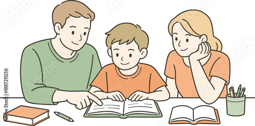 Family Study Time. Parents helping their child study at home, one parent pointing at homework while the child listens attentively,