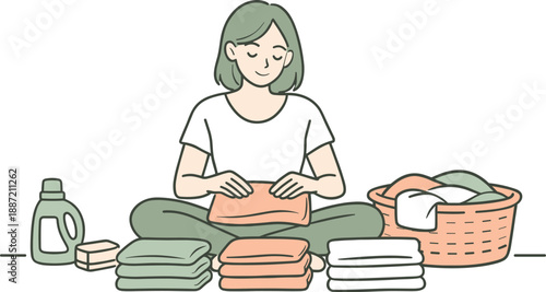Calm Laundry Day. Woman quietly folding fresh laundry, relaxed posture as she organizes clothes into tidy piles, clean flat line