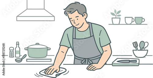 Calm Kitchen Cleanup. Man tidying up the kitchen counter after cooking, gentle movements as he cleans with a cloth, clean flat
