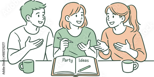 Friendly Party Planning. Friends casually discussing party ideas, seated side by side with a notebook between them and calm