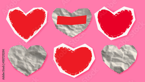 Retro halftone dotted crumpled paper heart, frame for Valentine's Day. Monochrome groovy comic texture. Torn page with uneven edge for collage. Funny hand drawn template with copy space. Vector EPS10
