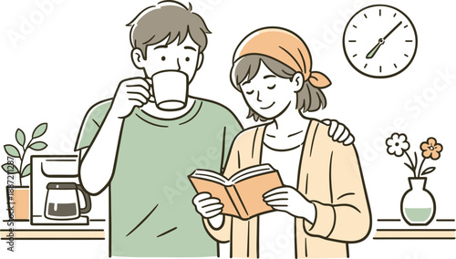 Serene Daily Routine. Partners sharing a peaceful daily routine, standing side by side in a simple home setting with gentle