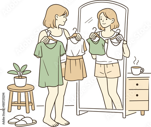 Morning Wardrobe Choices. Woman deciding what to wear while looking into a mirror, gentle body language as she compares outfits in