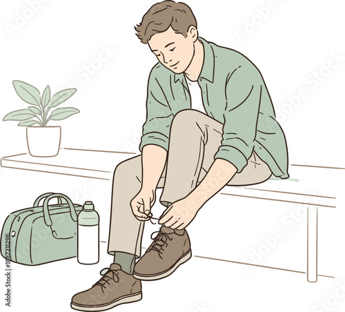 Calm Shoe Lacing. Man calmly fastening shoe laces in a quiet moment, one knee slightly raised as he concentrates on the task,