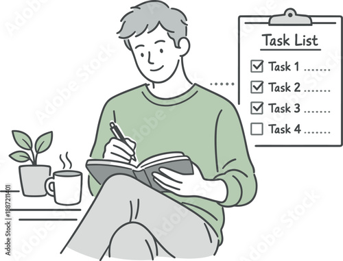 Organized Task Management. Man reviewing and updating his task list, seated comfortably with notebook and pen and gentle hand