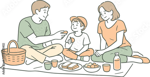 Peaceful Family Picnic. Family enjoying a quiet picnic break, two adults and a child seated comfortably on a blanket with relaxed