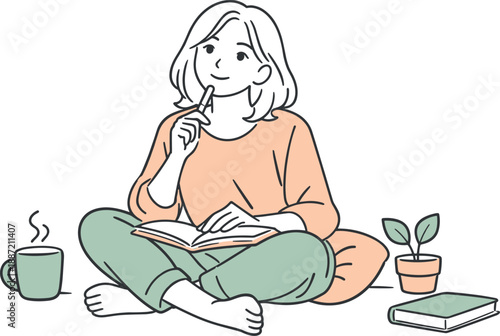 Mindful Woman Journaling. Woman reflecting while writing personal thoughts in a notebook, relaxed seated pose and gentle focus