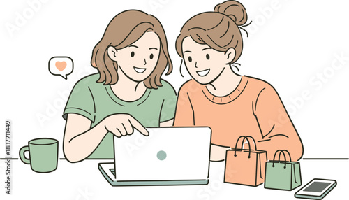 Friends Online Shopping. Close friends shopping online together, seated side by side and casually pointing at a laptop screen in a