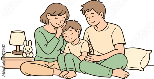 Soothing Bedtime Moment. Parents gently helping their tired child relax, seated together with soft body language and reassuring