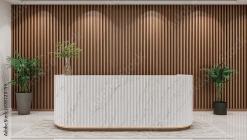 Modern Reception Area With Plants and Wood Paneling in Bright Lighting