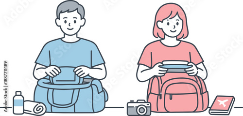 Packing Travel Bags. Two friends stand side by side packing travel bags together in a quiet home setting Minimalist flat line