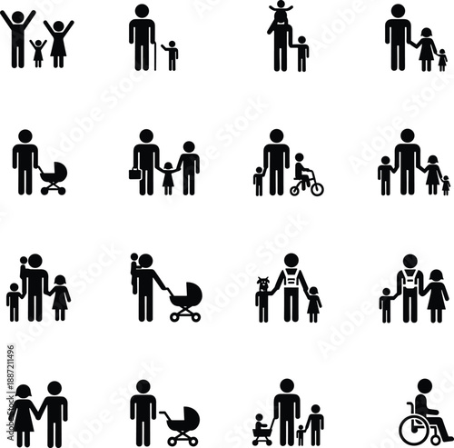 Family pictogram icon set showing parents, children, baby stroller, couples, and caregivers, black stick figure symbols representing relationships, parenting, childcare, and social life concepts