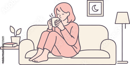 Relaxing Tea Evening. Woman relaxes on a sofa sipping tea quietly during a peaceful evening Minimalist flat line vector