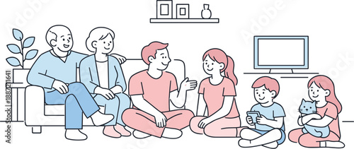 Minimalist Family Gathering. Family gathers in the living room sharing calm conversation and relaxed time Minimalist flat line