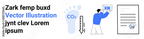Footprint with CO2, downward arrow, person displaying digital media content, and document review. Ideal for sustainability, environmental goals, digital content, emissions reduction, awareness