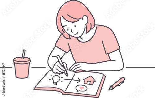 Calm Creative Drawing. Woman leans over a table drawing simple concepts in a notebook quietly Minimalist flat line vector